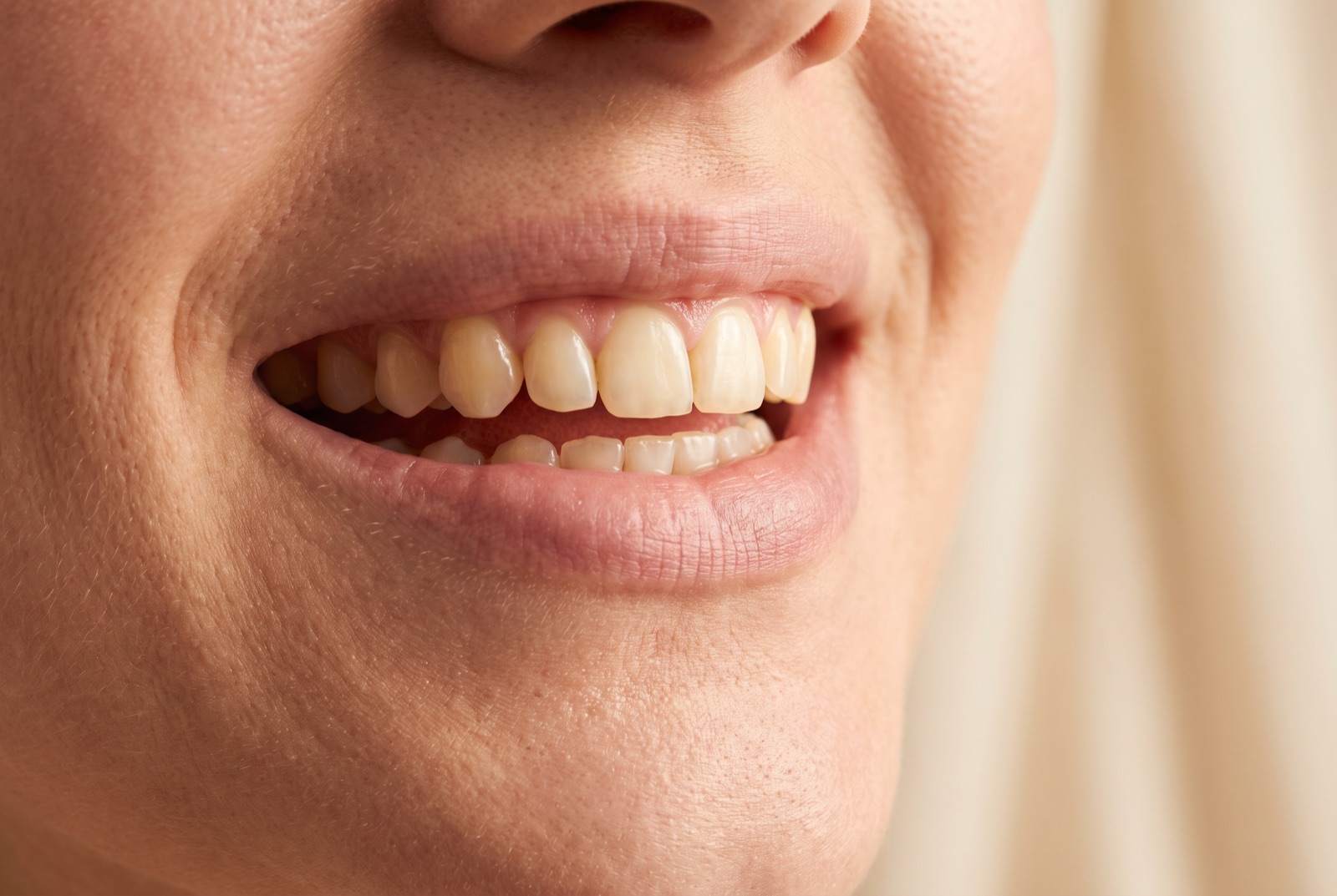 Sonrisa con dientes de tono amarillento antes del blanqueamiento